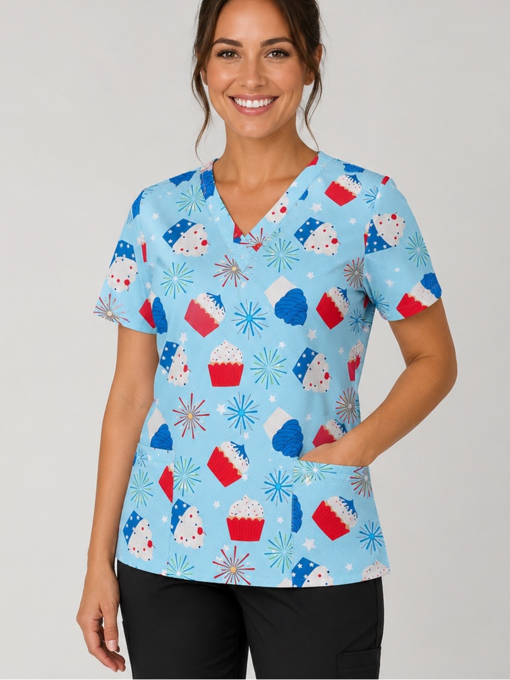 Women’s Medium Revel Premium Stretch Patriotic Cupcake Print Scrub Top